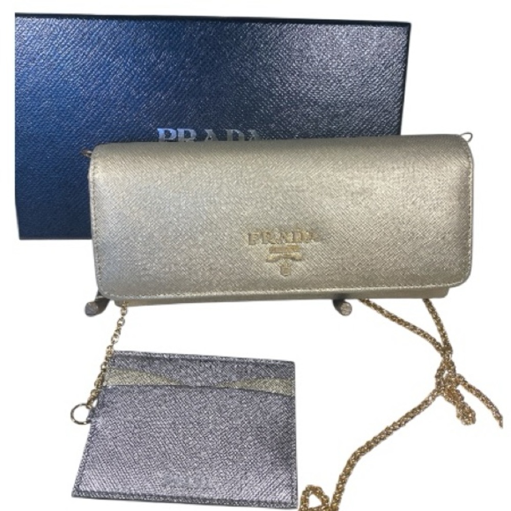 Prada Gold saffiano leather wallet with chain, authentic